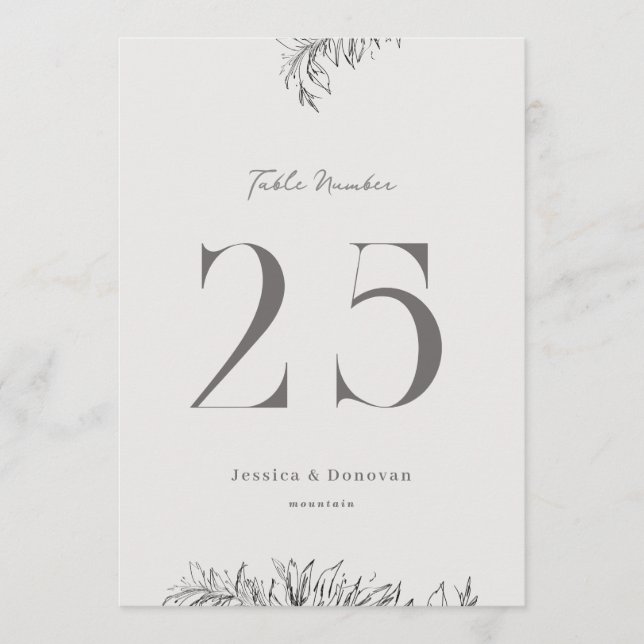 5 x 7 Botanical Wedding Table Number (Front)