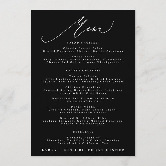 5 x 7 Classic Black White Calligraphy Birthday Menu (Front)