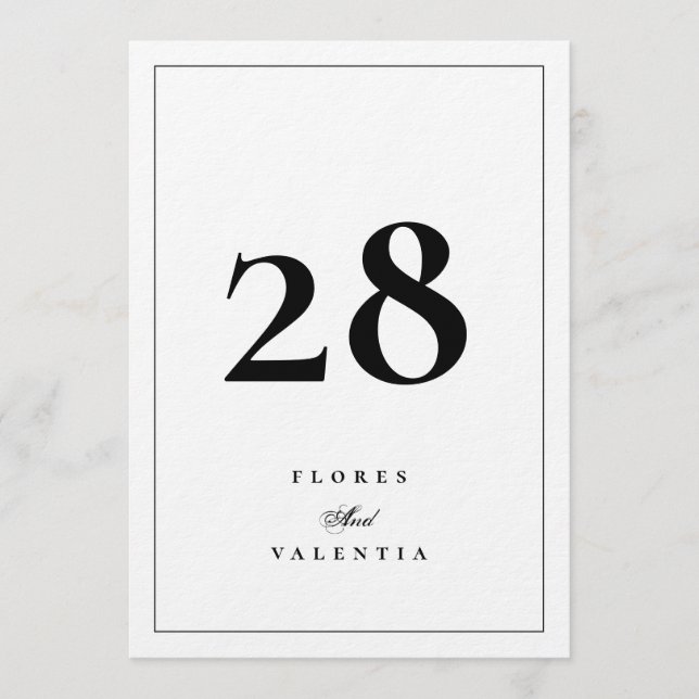 5 x 7 Elegant Black White Wedding Table Numbers (Front)