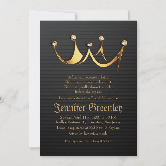 5" x 7" Gold Royal Queen Crown Bridal Shower Invitation (Front)