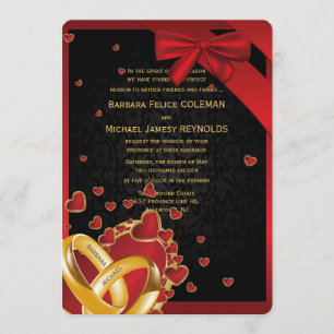 5" x 7" Luxury Modern Golden Rings Hearts Black Invitation