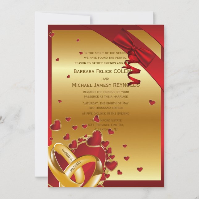 5" x 7" Luxury Modern Golden Rings Hearts Red Invitation (Front)