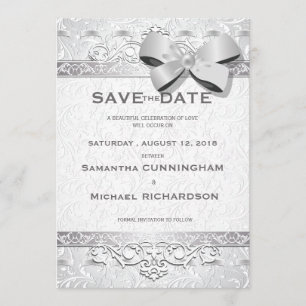 5" x 7" Modern Silver Floral Damask Bow Save The Date