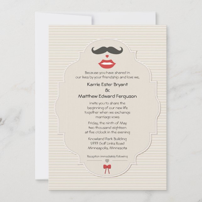 5" x 7" Moustache Lips Retro Wedding Invitation (Front)