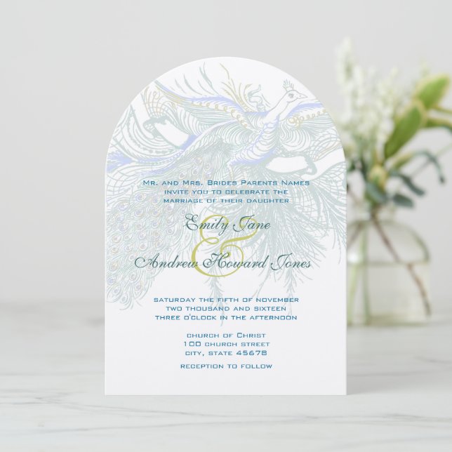 5 x 7 Vintage Peacock Birds Wedding Invitation (Standing Front)