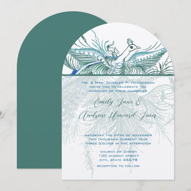 5 x 7 Vintage Peacock Birds Wedding Invitation (Front/Back)