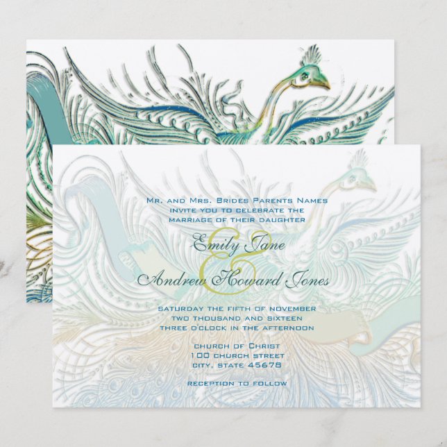 5 x 7 Vintage Peacock Birds Wedding Invitation (Front/Back)