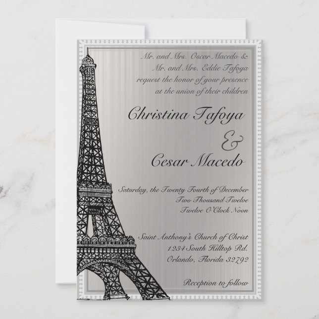 5 x 7 Wedding Invitation Black Eiffel Tower (Front)
