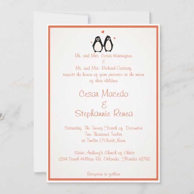5 x 7 Wedding Invitation Penguin Love/Hearts Peach (Front)