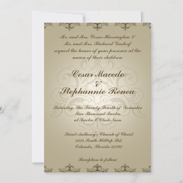 5 x 7 Wedding Invitation Tanish Brown Damask (Front)