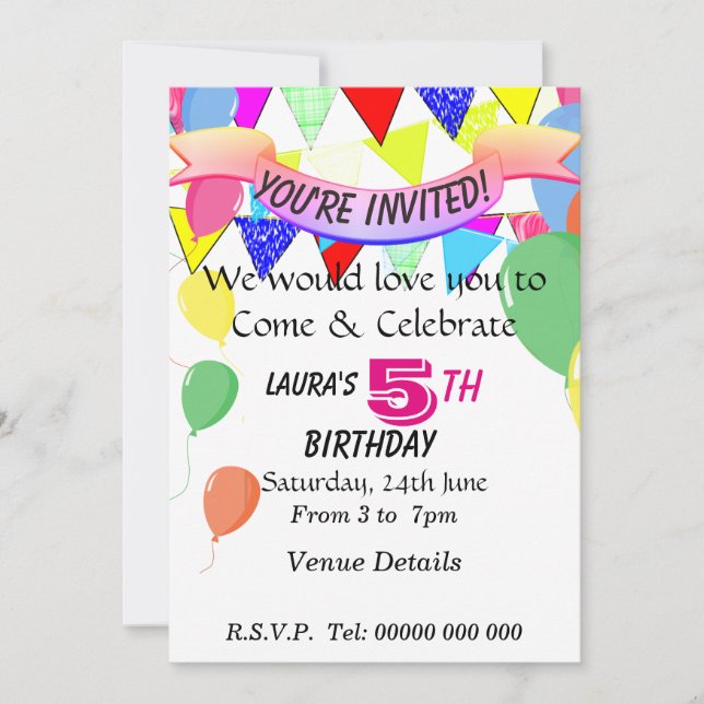5 Year Old Birthday Party Invitation (Front)