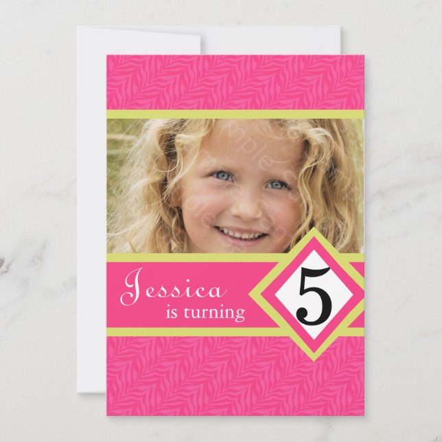 5 Year Old Birthday Party Invitations Zebra GIRL (Front)