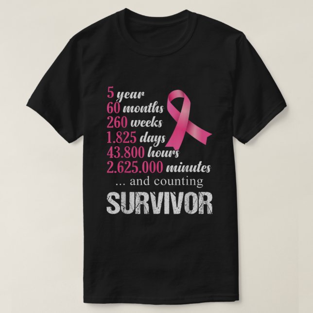 5 Year Survivor Breast Cancer Awareness Pink Ribbo T-Shirt (Design Front)