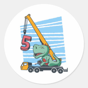 5 years 5th Birthday Mobile Crane Dinosaur Classic Round Sticker