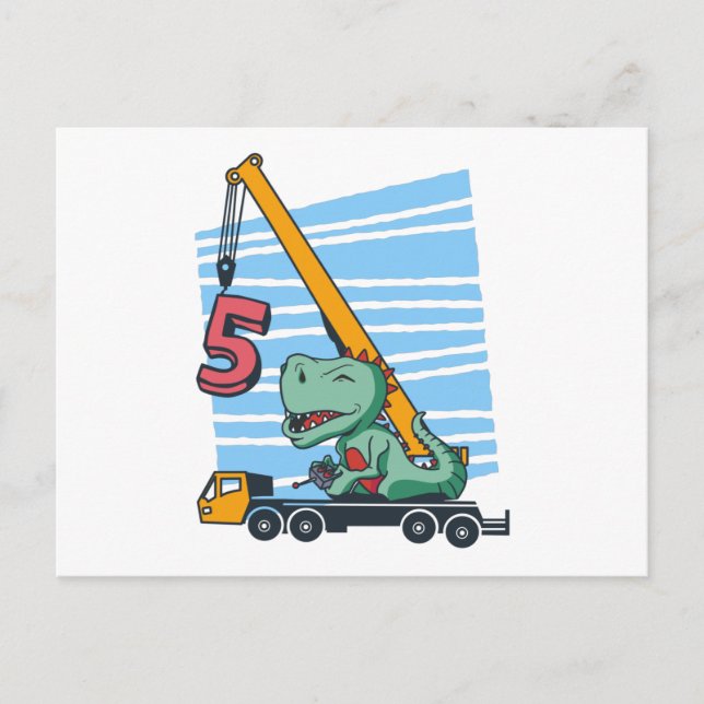 5 years 5th Birthday Mobile Crane Dinosaur Postcard (Front)