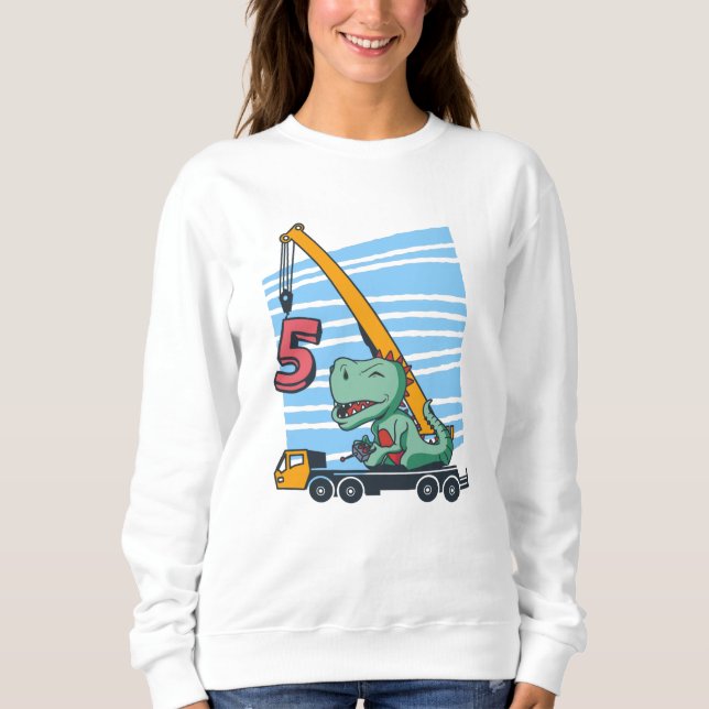 5 years 5th Birthday Mobile Crane Dinosaur Sweatshirt (Front)