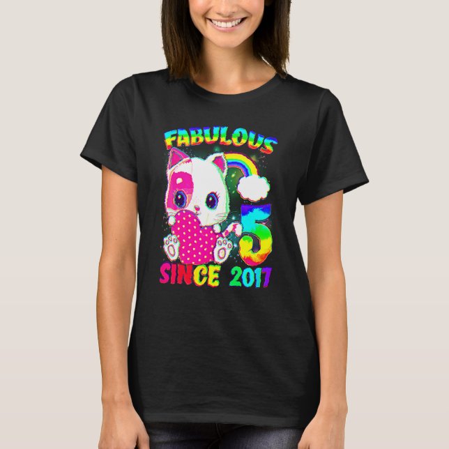 5 Years Old 5th Birthday Cute Cat Girl Fabulous Si T-Shirt (Front)
