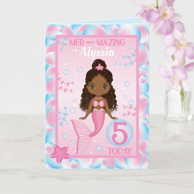 5 Years Old Black Mermaid  | Happy Birthday Card (Orchid)