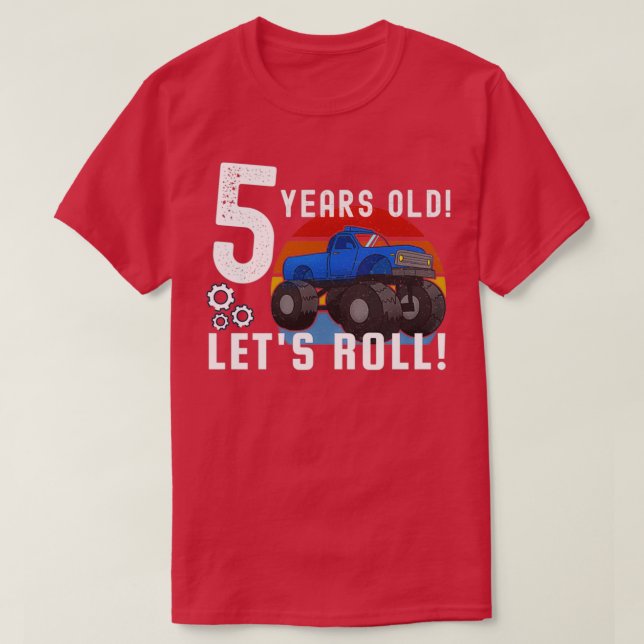 5 Years old Lets Roll Blue Monster Truck T-Shirt (Design Front)