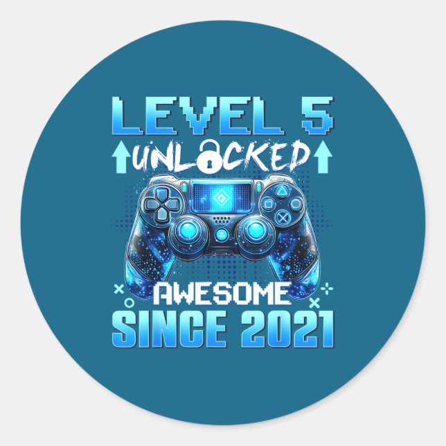 5 Years Old Level 5 Unlocked Awesome 2021 5th Birt Classic Round Sticker (Front)