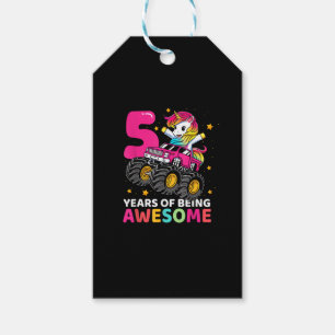 5 Years Old Unicorn Riding Monster Truck 5th Birth Gift Tags