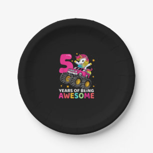 5 Years Old Unicorn Riding Monster Truck 5th Birth Paper Plate