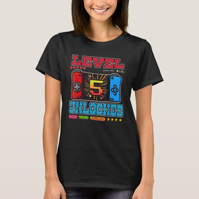 5 Years Old Video Gamer Birthay Level Unlocked  Fa T-Shirt (Front)