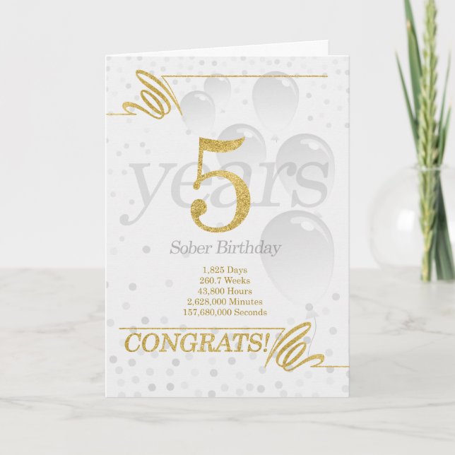 5 Years Sober Birthday Faux Gold Glitter Card (Front)