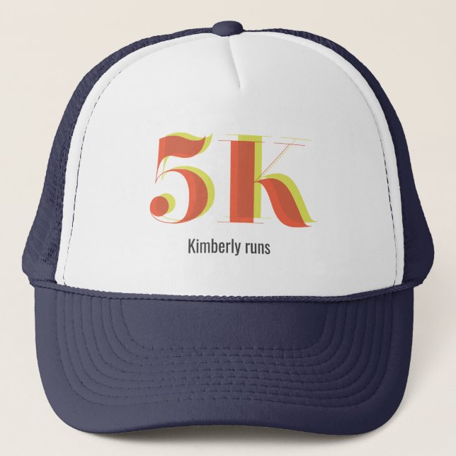 5k Race Running Celebration Bold Yellow Red Text Trucker Hat (Front)
