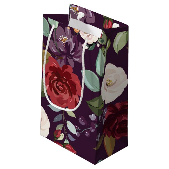 5lx3wx8.5h Small Gift Bag Plum Purple Roses Gold G (Back Angled)