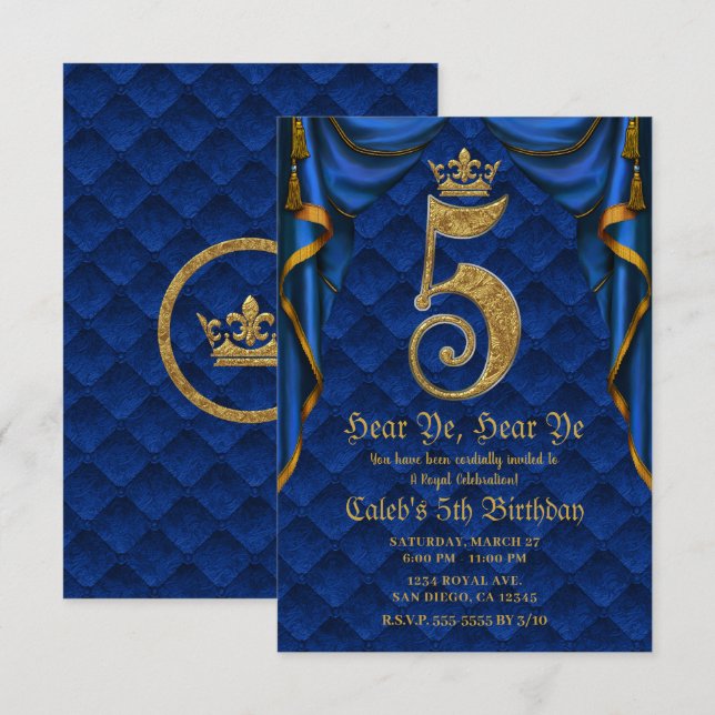 5th 5 Five Birthday Party Royal Blue Gold Crown   Invitation (Front/Back)