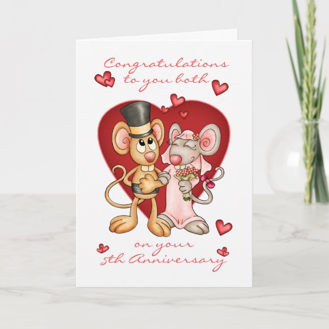 5th anniversary congratulations -cute mice anniver card (Front)