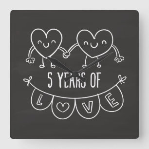 5th Anniversary Gift Chalk Hearts Square Wall Clock