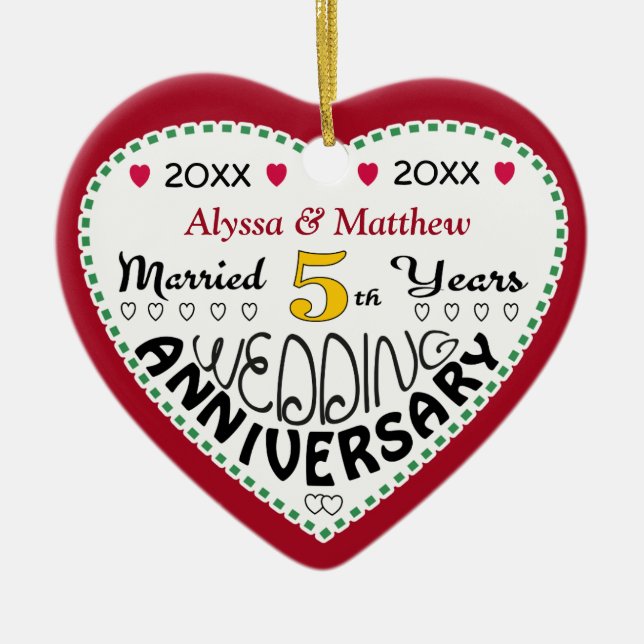 5th Anniversary Gift Heart Shaped Christmas Ceramic Tree Decoration (Front)