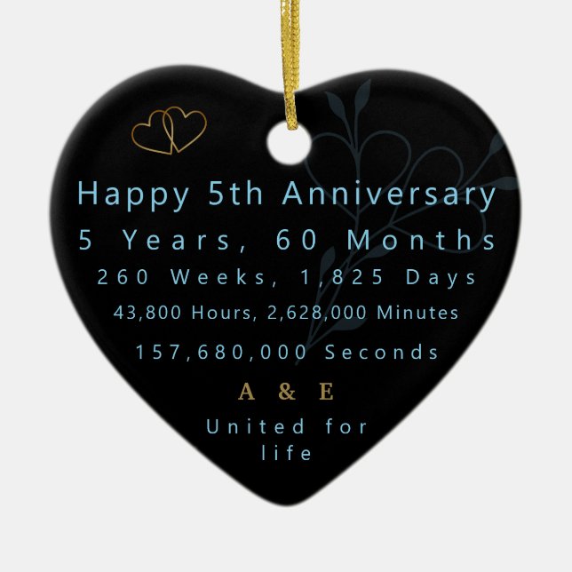 5th Anniversary Heart  Ceramic Tree Decoration (Front)