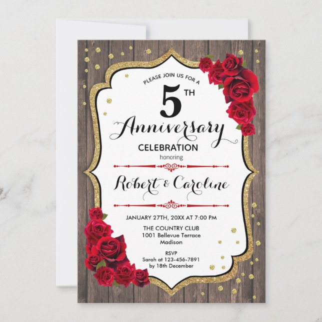 5th Anniversary Invitation - Wood Gold Red (Front)