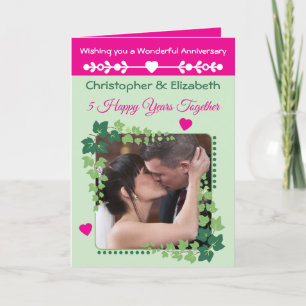 5th Anniversary photo green pink Card