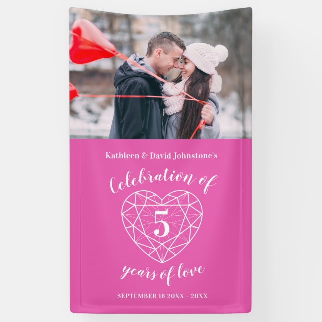 5th anniversary pink heart personalised photo banner (Vertical)