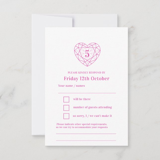 5th anniversary pink tourmaline reply RSVP Card (Front)