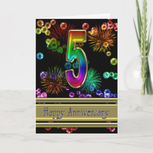 5th anniversary with fireworks and bubbles card