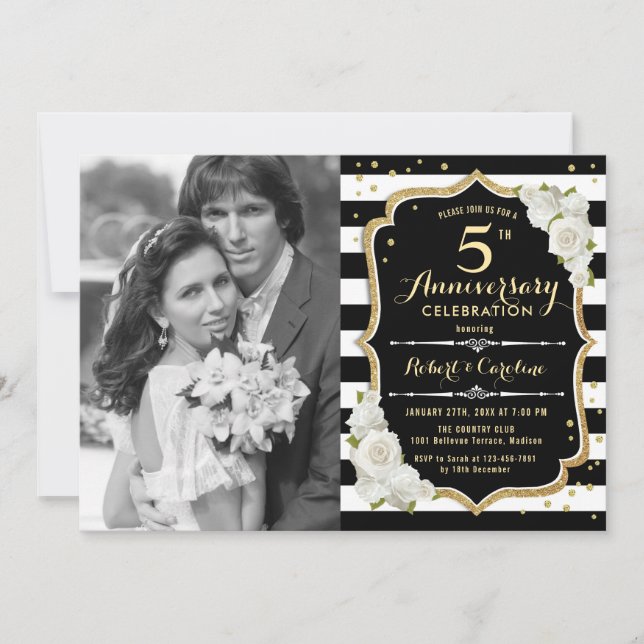 5th Anniversary with Photo - Gold Black Invitation (Front)