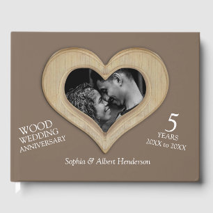 5th anniversary wood photo heart brown guest book