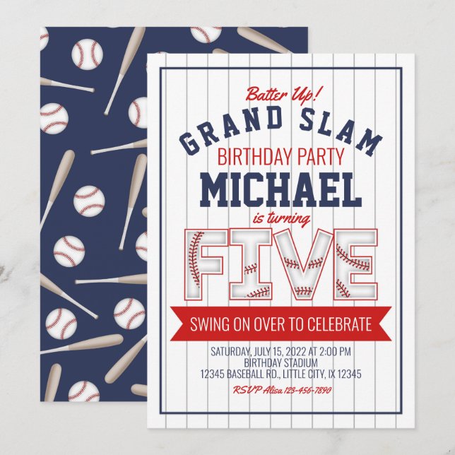 5th Baseball Birthday Invitation (Front/Back)