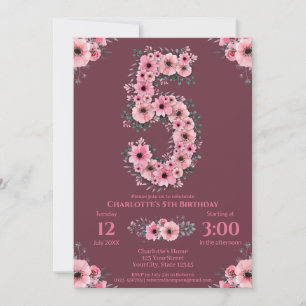 5th Big Birthday Girl Pink Flowers Green Foliage Invitation