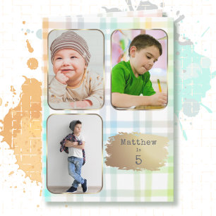 5th Birthday 3 Picture Plaid Watercolor for Boy Card