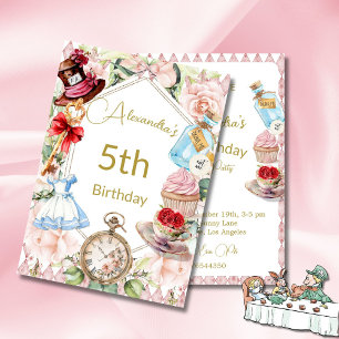 5th Birthday Alice In Wonderland Pink Floral Invitation
