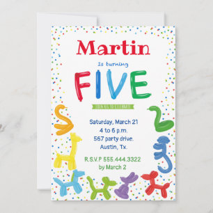 5th birthday animal balloons invitation