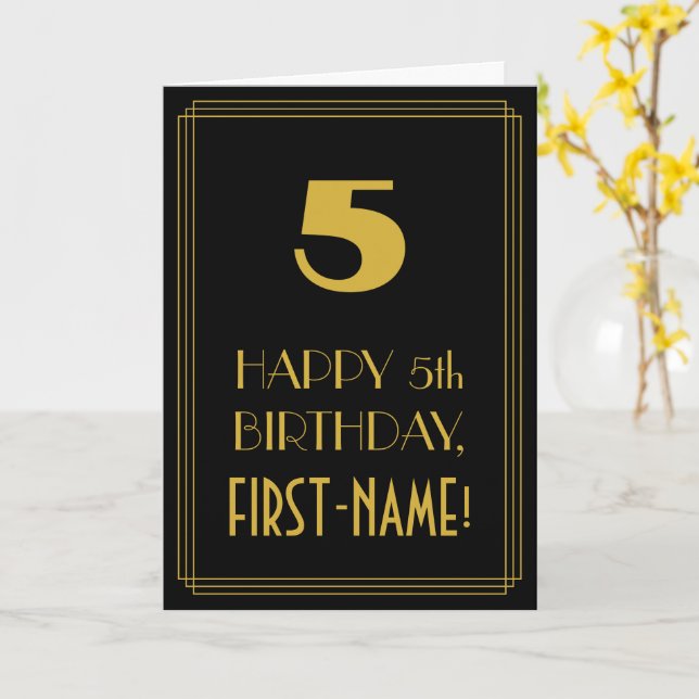 5th Birthday – Art Deco Inspired Look "5" & Name Card (Yellow Flower)