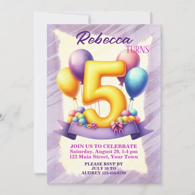 5th Birthday Balloon Theme Invitation (Front)