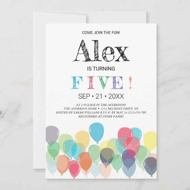 5th Birthday Balloons Party Invitation (Front)